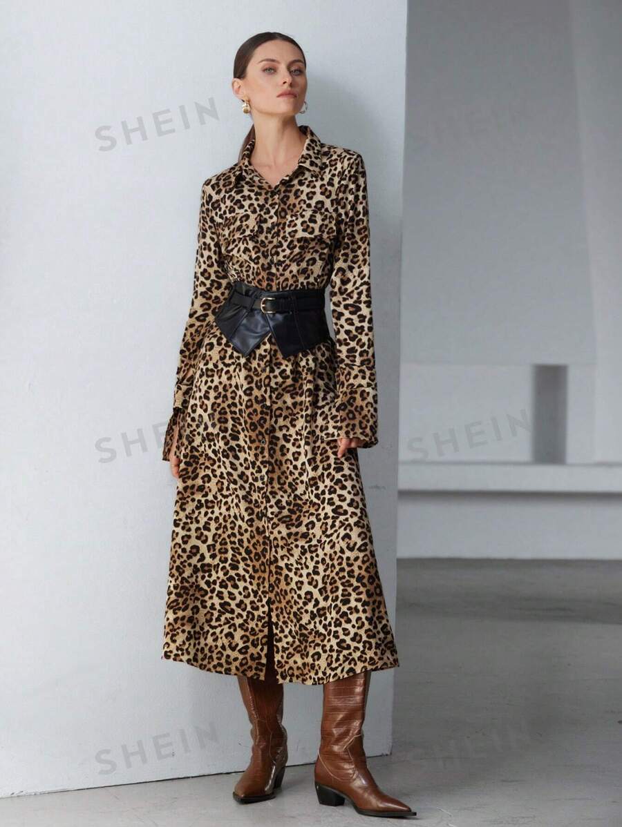 SHEIN Privé Vestido camisa largo de mujer elegante y vintage de gasa con estampado de leopardo, cinturón, diseño sensual semitransparente que realza la cintura, vestido primaveral para el Día de San Valentín