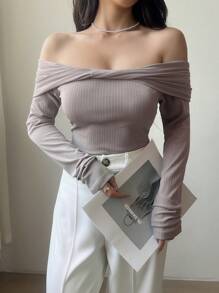 Women's Elegant Solid Color Twist Off Shoulder Top Fall Cloth For Women - Light Grey - View 5