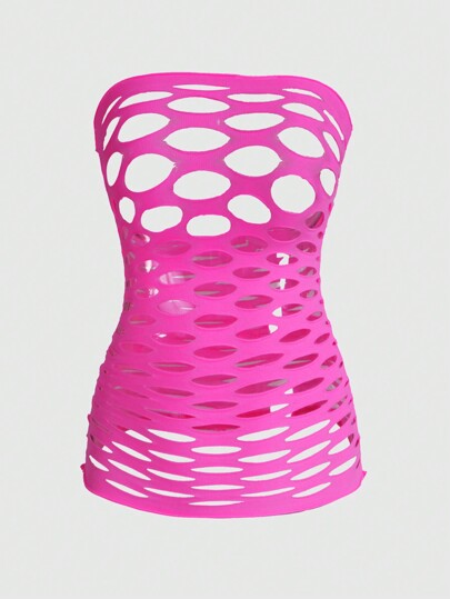 Kawaii Oversized Y2K Sexy Hot Pink Hollow Out Bodysuit