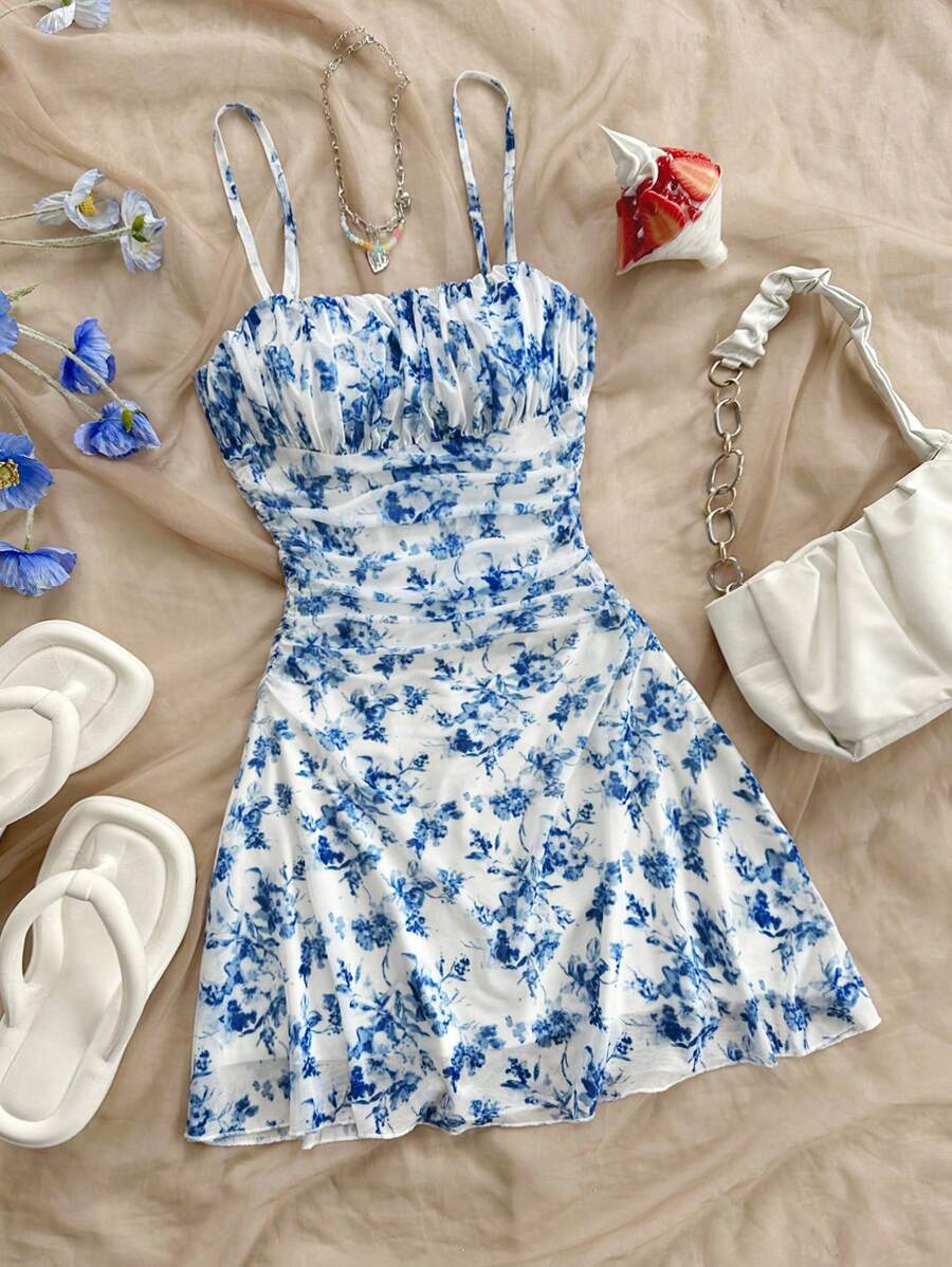 Soleia 大码女式波西米亚风返校花卉印花荷叶边度假连衣裙，春夏季，适合度假、毕业、返校 - 藍色 - 查看 1