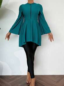 Swim Mulvari Summer Swim 2pcs Mulvari Women's Burkini Swimwear, Chicsea Loose Flare Sleeve Zip Oblique Hem With Black Long Pants Swimwear SetArabic Clothing - Multicolor - View 6