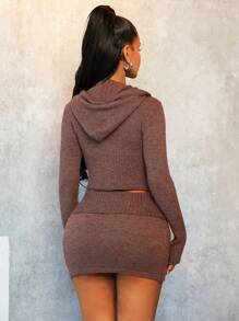 BamGleam Cardigan Hooded Knit Top + Mini Skirt Set - Rust Brown - View 2