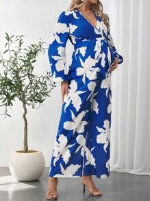 SHEIN Maternity Floral Print Lantern Sleeve Jumpsuit - Blue - View 5