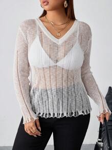 INAWLY Plus Size Women's Solid Color V-Neck Long Sleeve Distressed Slim Fit Pullover Sweater, For Winter Knit Pullover Fall - Beige - View 3