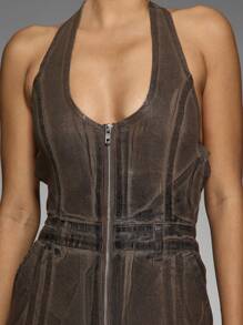 MISSGUIDED Retro Y2K Coated Denim Halter Neck Jumpsuit Full Length Flared Bell Bottom Party Club Festival Evening Wear - Coffee Brown - View 3