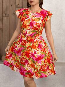 Breezaya 大码女式波西米亚风荷叶边印花短袖及膝简约休闲连衣裙，夏季款 - 彩色 - 查看 5