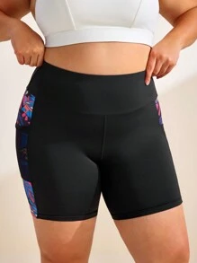 Easithlete Plus Size Patchwork Print & Mesh Pocket Side Casual Sports Shorts, Spring/Summer - Multicolor - View 4