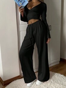 SHEIN EZwear 女士高领系带长袖上衣和裤子瑜伽休闲运动套装 - 黑色 - 查看 3