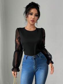 SHEIN Unity Women's Regular Woven Round Neck Solid Color Long Sleeve Shirt With Contrast Lace, Suitable For Spring - Black - View 3