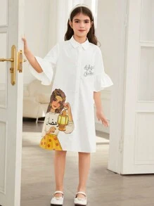 SHEIN 少女休閒寬鬆翻領卡通女孩荷葉邊下擺中長洋裝 - 白色 - 查看 3