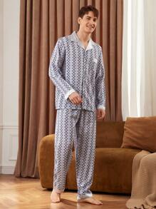 2 Stücke Herren geometrisches Muster Langarm Einzelknopf-Top und Hose Loungewear Set