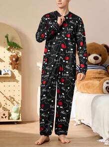 Happy Jammies Conjunto de pijama tipo mono con estampado de corazón para hombre