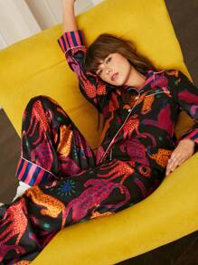 Chillnights Conjunto de pijama de mujer con estampado de leopardo y contraste de color