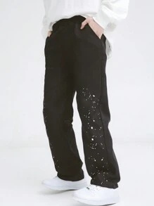 Tween Boy Outdoor Casual Splatter Print Straight Leg Trousers, Spring/Summer - Black - View 1