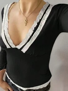 SHEIN EZwear Camiseta de talla grande con unicolor y ribete de encaje en contraste - Negro - Ver 1
