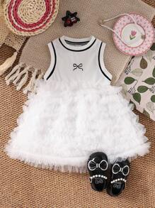 SHEIN Baby Girl Cute Summer White And Black Textured Sleeveless Bow Multi-Layer Tulle Tutu Princess Dress,Elegant Party Flower Girl Birthday Outfit - White - View 1