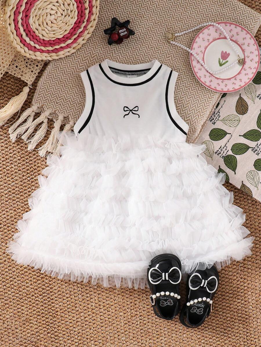 SHEIN Baby Girl Cute Summer White And Black Textured Sleeveless Bow Multi-Layer Tulle Tutu Princess Dress,Elegant Party Flower Girl Birthday Outfit - White - View 1