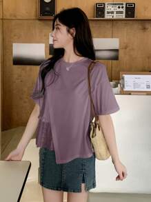 DAZY Kaos Kasual Wanita Warna Polos Leher Bulat Lengan Pendek Hem Asimetris, Ruffle - Purple - View 4