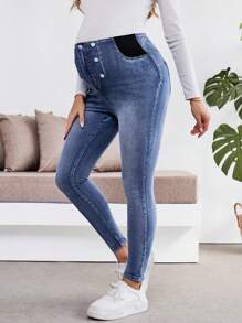 SHEIN Maternity Blue Denim Stretch Skinny Pants - Blue - View 3