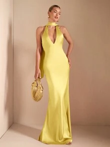 SHEIN BAE Đầm hở lưng buộc dây cổ chữ V sâu gợi cảm thanh lịch, thích hợp cho tiệc cocktail, hẹn hò lãng mạn, lớp lót thu đông, tiệc tùng, đám cưới, Halloween, Giáng sinh - Màu vàng - Xem 4
