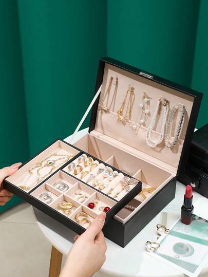 1pc Double-Layer Large Capacity Jewelry Box, Minimalist Leather Jewelry Storage Case, Portable Solid Color Rectangular Jewelry Organizer Box,Stackable Storage Box, Dressing Table Jewelry Organizer With Drawers,PU Leather Travel Jewelry Case, Portable Jewelry Organizer Storage Holder Display For Ring Earrings Necklace Bracelet Bangle, Convenient For Travel,Valentine's Day Gifts(3 Size Optional)