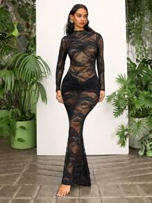 Opulessa 1pc Women's Solid Color Knitted Lace Mermaid Dress - Black - View 7