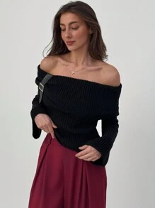 Aloruh Women's Off-Shoulder Long Sleeve Fitted Warm Leather Button Stylish Sweater, Autumn/Winter