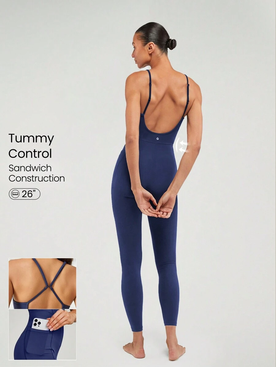 GLOWMODE 26" FeatherFit™ U-Back Tummy Control Pocket Adjustable Jumpsuit Bodysuit Light Support Low Impact Yoga Studio - Dark Blue - View 1
