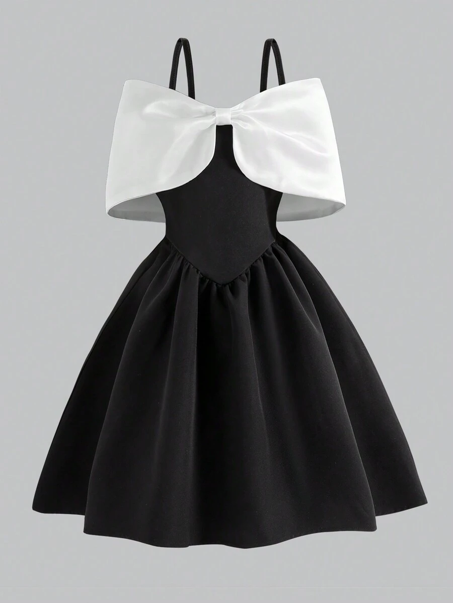 Young Girl Contrast Color Bow Design Off Shoulder Fashionable Dress - Multicolor - View 1