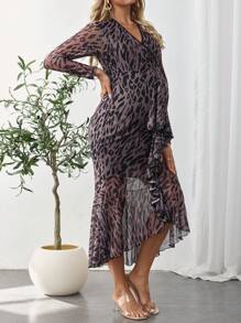 SHEIN Maternity Elegant Leopard Print Overlap V-Neck Long Sleeve Ruffle Hem Dress - Multicolor - View 5