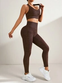 Easithlete 女士咖啡色字母印花运动胸罩和紧身裤套装 - 咖啡棕 - 查看 5