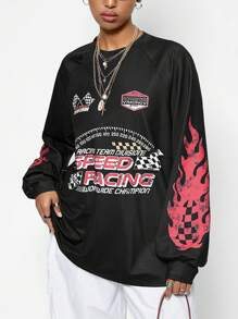 SHEIN EZwear Women's Ricing Game Day Long Sleeve Patchwork Printed Jersey T-Shirt,Couple Same Style - Black - View 4