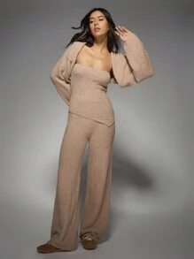 MISSGUIDED Ensemble deux pièces luxueux en tricot bouclé, avec un bandeau et un pantalon palazzo à jambes larges. Tenue de fête, de soirée et de détente pour l'hiver et l'automne