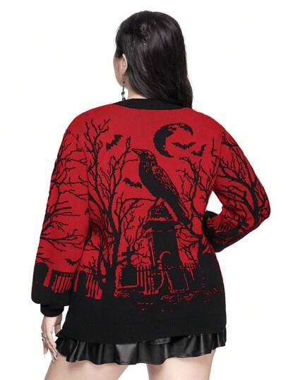 Goth Cardigan ample blocs de couleurs grande taille avec imprimé de corbeau, chauve-souris, lune, cimetière, branche d'arbre et plante, style gothique d'hiver/Noël, grande taille