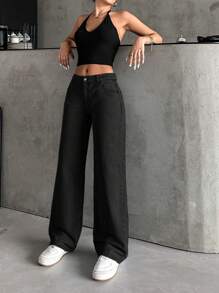 SHEIN Cottnline 100%Cotton Low-Waist Light Blue Washed Wide Leg Jeans - Black - View 4