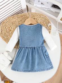 Baby Girl Casual Minimalist Cute White Ribbed Top With Denim Overall Dress 2 Pieces Set, Spring/Autumn