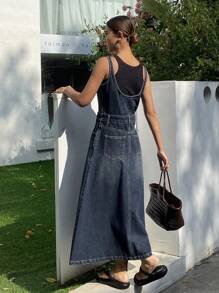 Livesso 度假休闲外出装夏季复古水洗女式背心牛仔连衣裙太阳裙 - 藍色 - 查看 6