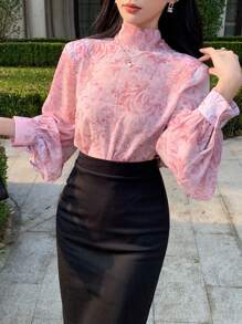DAZY Camisa suelta de manga larga con estampado floral y lazo delantero para mujer, adecuada para primavera y verano