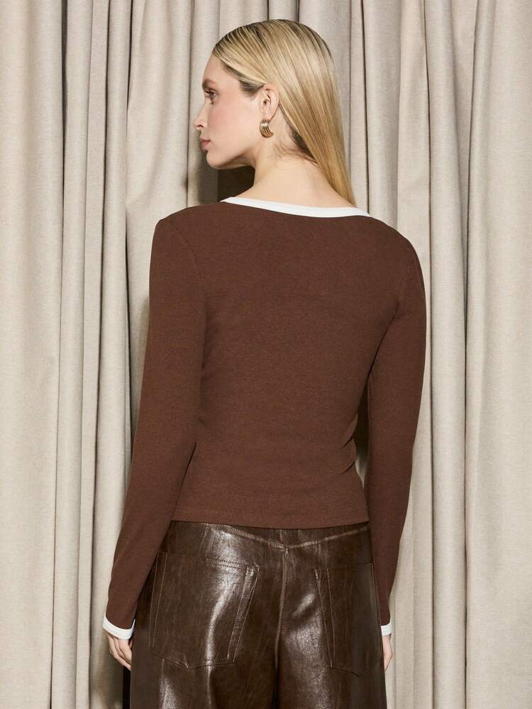 Elegant Asymmetric Ribbed Long Sleeve T-Shirt With Contrast Trim