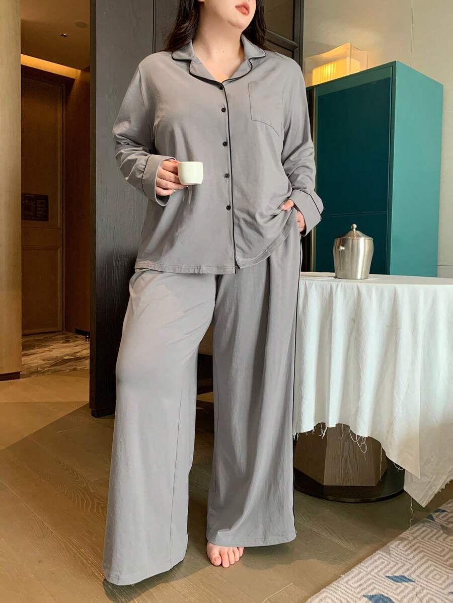 Dazy Plus Solid Color Turndown Collar Loose Pajamas Set, Sleepwear All Season - Grey - View 1