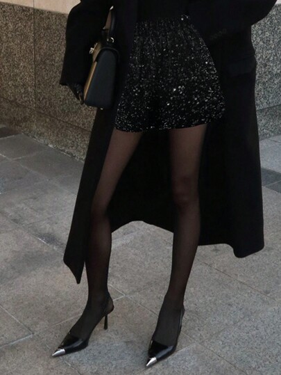 DAZY Shorts femininos de cintura alta com lantejoulas e cores sólidas, adequados para festas/ocasiões de outono