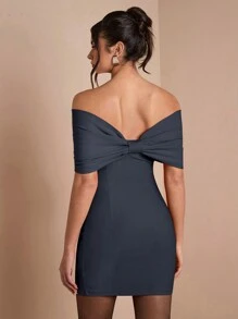 SHEIN BAE Damen Herbst Cocktailkleid mit Schulterausschnitt und Schleifen-Verzierung in Rot, elegantes Design für Partys, Dates, Clubs und gesellige Anlässe - Dunkelgrau - Übersicht 2