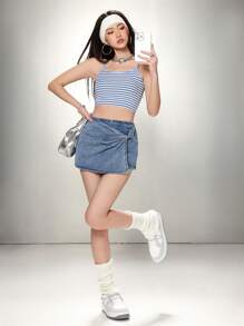 SHEIN EZwear Spring Break Asymmetric Side Twist Front Denim Skort - Medium Wash - View 6