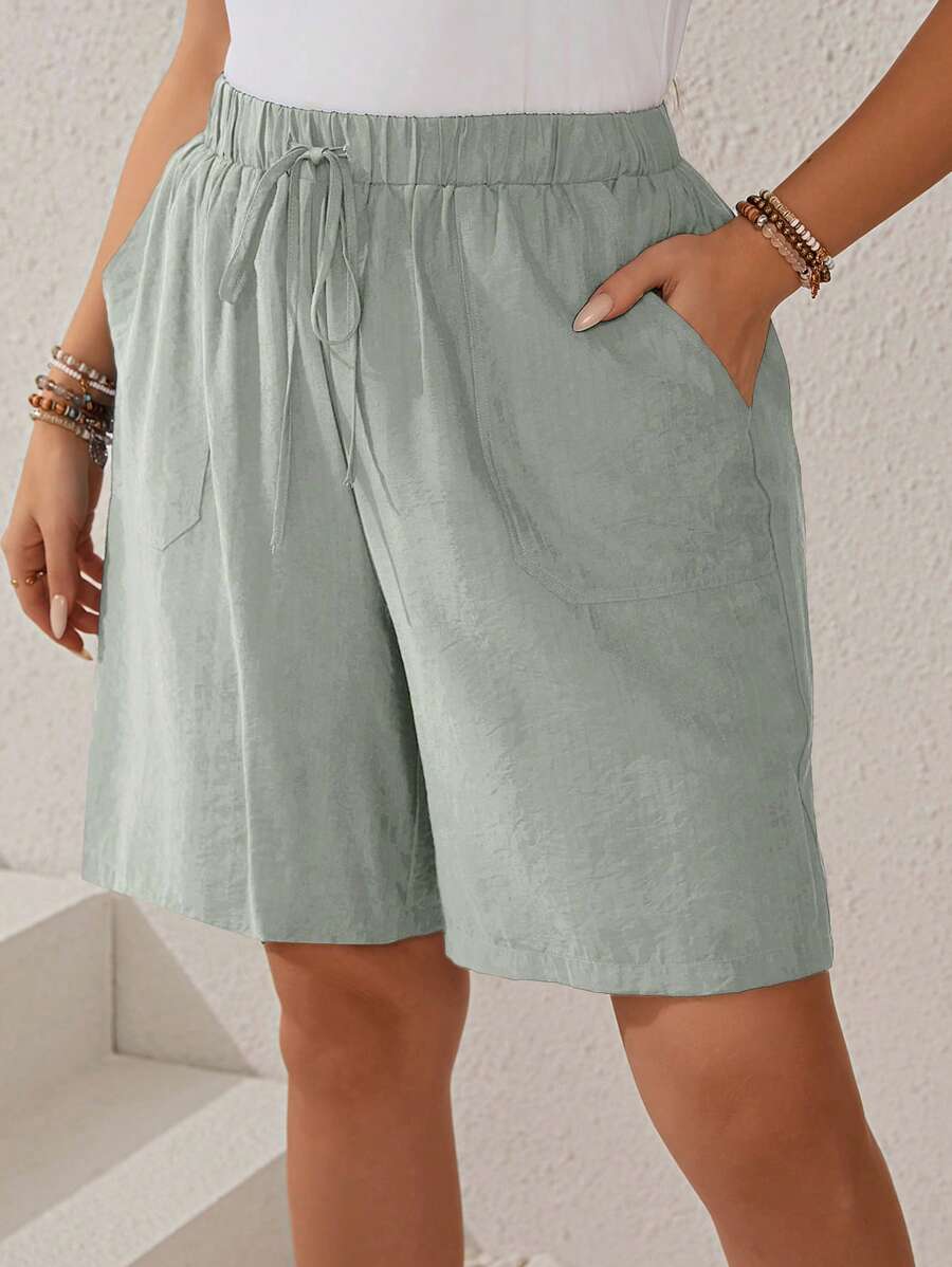 EMERY ROSE Quần short ống đứng màu xanh đậm có dây rút eo đàn hồi kẻ sọc cỡ lớn cho nữ vào mùa hè - Bạc - Xem 1