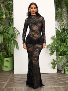 Opulessa 1pc Women's Solid Color Knitted Lace Mermaid Dress - Black - View 4