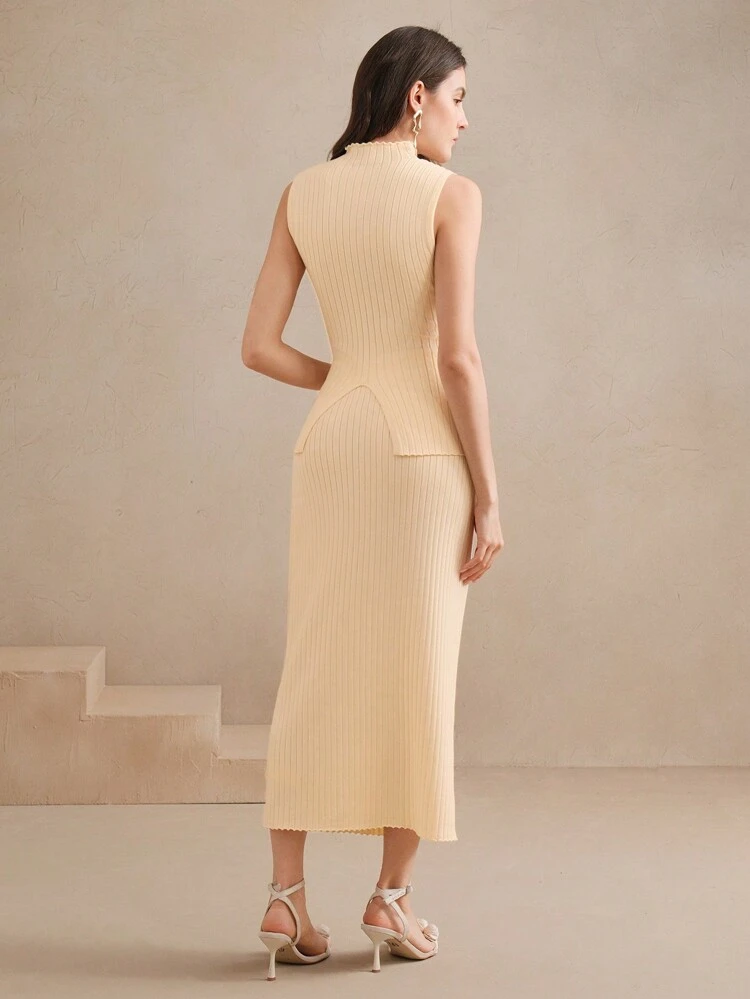 Women's Mid-Neck Ribbed Knit Sleeveless Top And Skirt Two-Piece Set