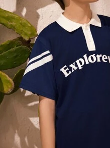 SHEIN Set da 2 pezzi di top con stampa grafica e pantaloni in tinta unita patchwork per ragazzi pre-adolescenti - Multicolore - Visualizzare 5