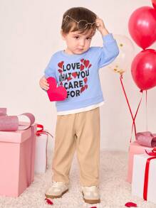 SHEIN 2pcs Setelan Kemeja Bayi Laki-laki Unisex Kasual Biru Muda Musim Gugur Cocok untuk Keluarga, Gaya Olahraga Preppy 2 in 1, Aprikot, Motif Hati, Kain Lembut untuk Musim Semi/Panas - MultiWarna - View 4