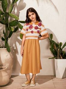SHEIN Tween-Mädchen 1 Stück Einteiliges Kleid im City-Freizeit-Stil mit Polokragen, kurzen Ärmeln und Rosenstreifenmuster. Dieses Kleid eignet sich für verschiedene Anlässe wie Stadtausflüge, Feiertagstreffen und die Schule. - Verschiedenfarbig - Übersicht 1