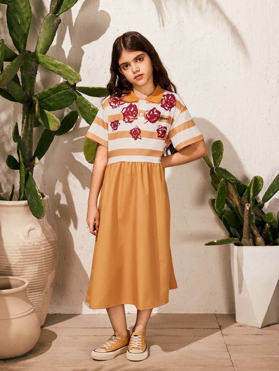 SHEIN Tween-Mädchen 1 Stück Einteiliges Kleid im City-Freizeit-Stil mit Polokragen, kurzen Ärmeln und Rosenstreifenmuster. Dieses Kleid eignet sich für verschiedene Anlässe wie Stadtausflüge, Feiertagstreffen und die Schule. - Verschiedenfarbig - Übersicht 1